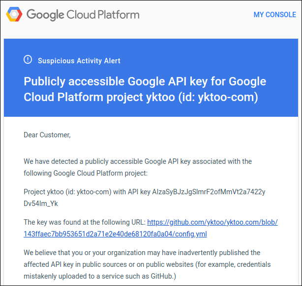 Google alert regarding the publicly available API key.