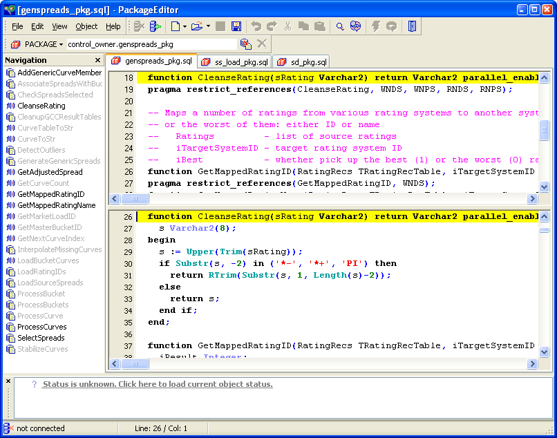 The main program window. The function last clicked in the Navigation pane is highlighted both in the package header and body.