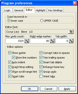 The program settings dialog, Editor tab.
