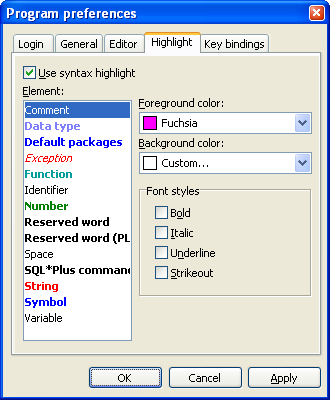 The program settings dialog, Highlight tab.