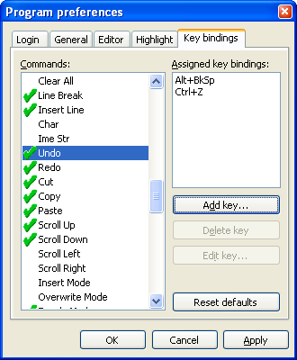 The program settings dialog, Key bindings tab.