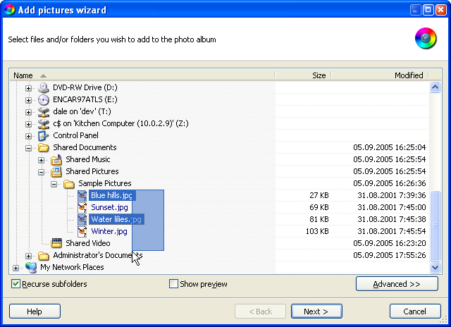 Add pictures wizard, file and folder selection